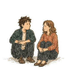 The hand-drawn couple sitting together